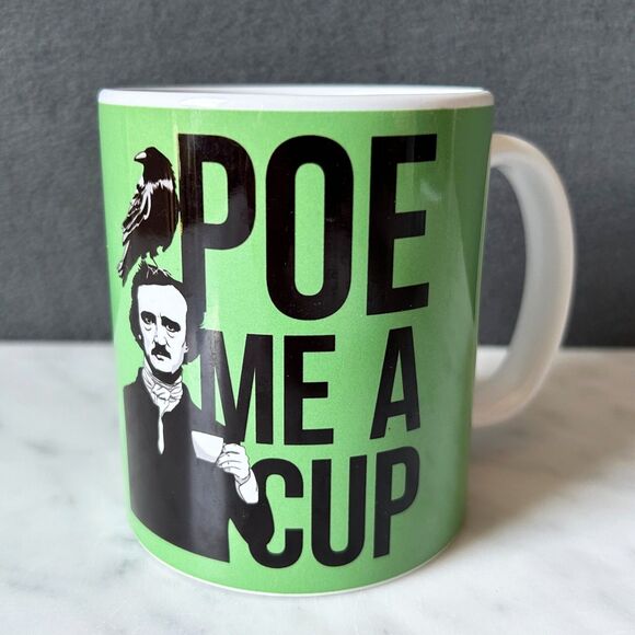 Poe Me A Cup Mug Edgar Allen Poe and Raven Coffee Cup - Green White Black - Picture 1 of 6